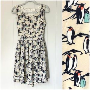LA Soul Mini Dress Fit and Flare Penguin Pattern Novelty Cream Black Medium